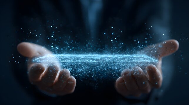 Illuminated digital energy forms hover above open palms in a dark setting