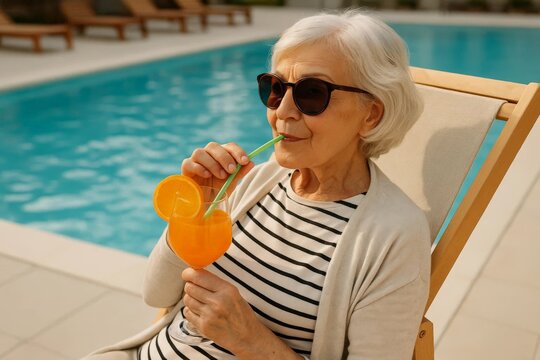 Senior woman relaxing on a pool lounger, sipping orange juice through a straw. Sunglasses and striped shirt, sunny resort vibe with bright blue water. - Powered by Adobe