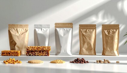 Three kraft paper pouches stand behind stacked granola bars on a clean white surface.