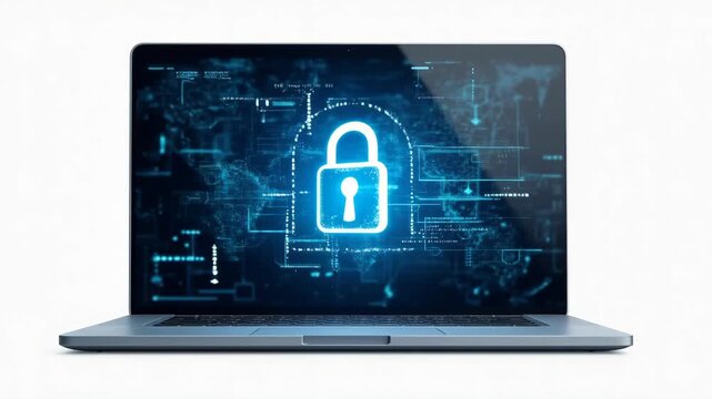 Laptop with digital padlock png, data and cyber security concept, transparent background, passwords management, business documents, online security, isolated
