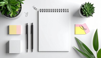 Minimalist flat lay of black-and-white stationery with plant accent on clean white surface.
