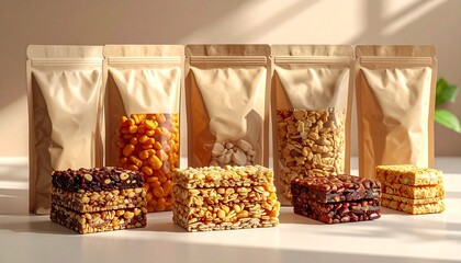 Three kraft paper pouches stand behind stacked granola bars on a clean white surface.
