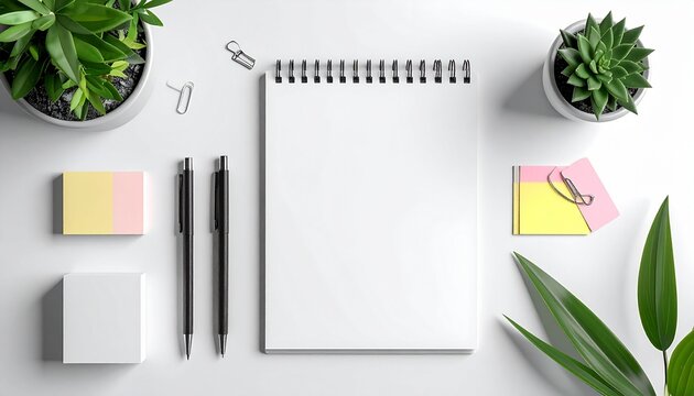 Minimalist flat lay of black-and-white stationery with plant accent on clean white surface.
