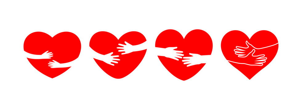 red heart with hugging hands vector icon illustration