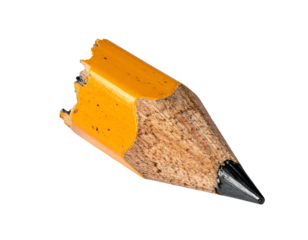 broken yellow pencil stub with sharpened graphite tip and jagged end on isolated background