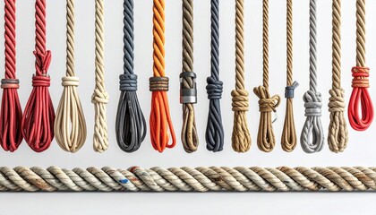 Colorful ropes hang in vertical loops, each tied with a distinct knot against a white backdrop.