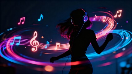 Silhouette of a Woman Dancing with Neon Headphones and Vibrant Musical Notes in a Dynamic, Colorful Light Swirl on a Dark Background