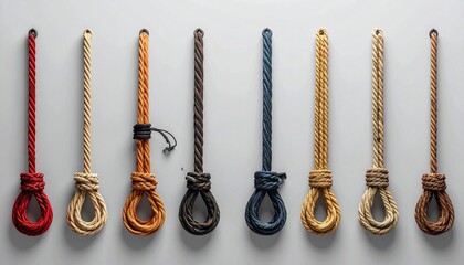 Colorful ropes hang in vertical loops, each tied with a distinct knot against a white backdrop.