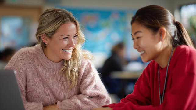 Young woman and student smiling while studying together in classroom  