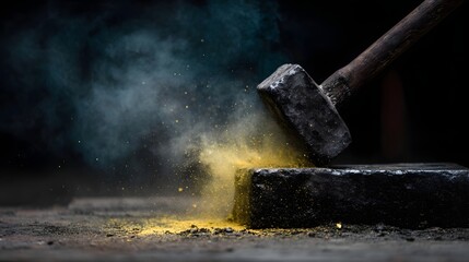 A sledgehammer strikes a metal block creating a dramatic explosion of yellow powder and dust against a dark background