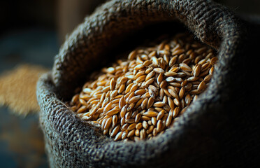 Obraz premium Dark Cinematic Shot of Wheat Grain Sack on Wooden Surface