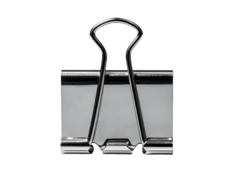 metal binder clip closed silver office stationery clamp with reflective finish on isolated background