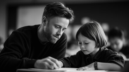 Man teaching young girl while studying at a desk in classroom  