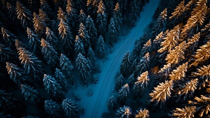 Aerial view of a snow-covered forest with tall evergreen trees illuminated by warm golden sunlight, casting long shadows over a winding road, creating a serene and tranquil winter landscape