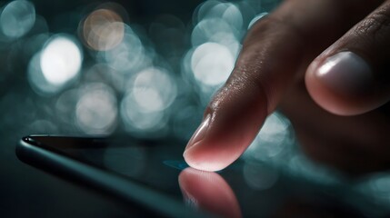 Close up of a finger tapping on a smartphone screen with blurred lights in the background symbolizing digital interaction