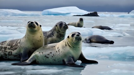 Fototapeta premium Group of seals resting on ice rock in Arctic ocean, wildlife nature scene, marine mammals in cold habitat, polar animal photography, serene frozen seascape, peaceful arctic environment