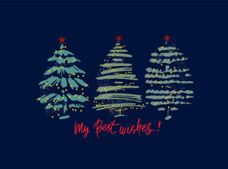 Merry Christmas and New Year horizontal card with decorated fir trees and words My Best Wishes. Vector illustration for flyer, poster or greeting materials. Hand drawn style cozy holiday design.