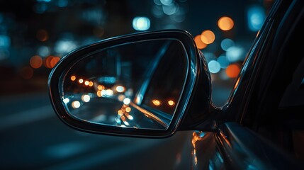 Illuminated cityscape lights reflect vividly in an automobile side mirror during nighttime travel