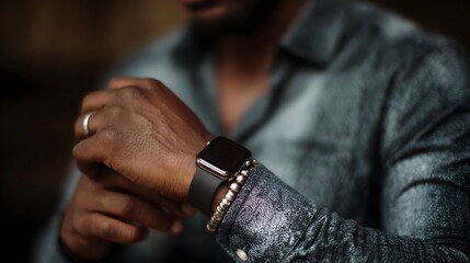 Fototapeta premium A person s wrist elegantly adorned with a smartwatch ring and bracelet focused on checking the digital display