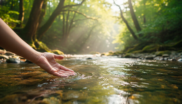 Gentle hand touches cool, flowing forest stream water bathed in ethereal sunbeams, evoking peace and natural serenity
