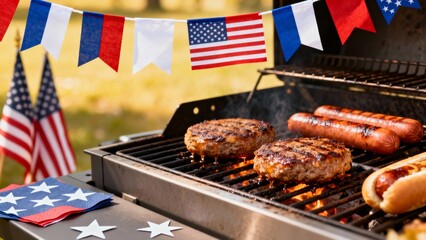 Festive Outdoor Barbecue with Juicy Burgers and Hot Dogs on Grill, Surrounded by Patriotic American Flags and Colorful Bunting in a Sunlit Garden Setting, Perfect for Summer Celebrations