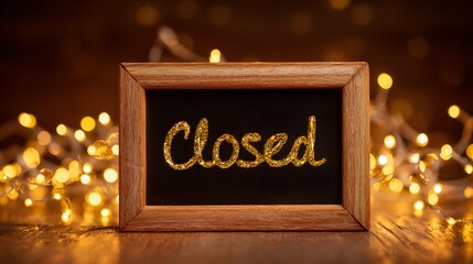 Small wooden framed sign displaying the word 'Closed' in glitter script surrounded by warm bokeh lights