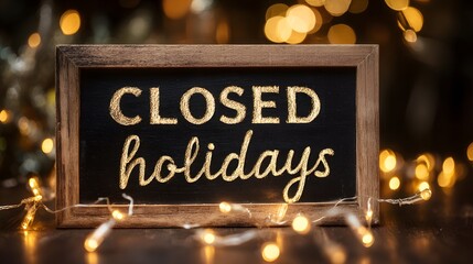 Decorative wooden framed sign with golden text announcing a temporary closure for festivities