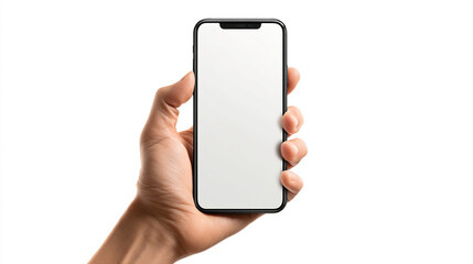 Hand holding a smartphone with a blank white screen against white background