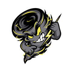 Aggressive cartoon tornado mascot with a menacing face holding a yellow lightning bolt. A powerful and fierce cyclone character vector illustration