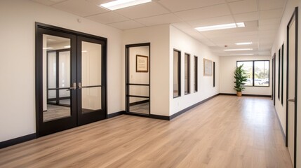 Obraz premium Peaceful and serene corporate hallway with clean minimalist design and motivational quotes displayed on the walls creating a calm and productive work environment