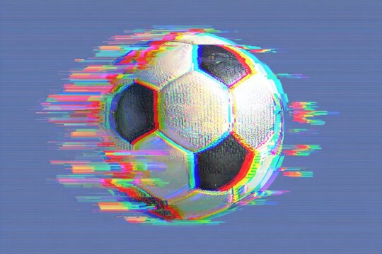 A soccer ball appears to be moving with strong horizontal digital color glitch distortion against a blue background. - Powered by Adobe