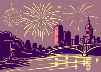 Vibrant fireworks illuminate the city skyline reflecting on the water, creating a celebratory atmosphere for events and promotions.
