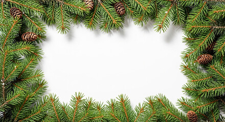 Festive frame made with pine needles and cones on a white background, perfect for holiday greetings and winter themed graphics.