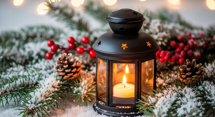 A festive scene featuring a black lantern with a lit candle, pinecones, red berries, and snow-covered branches, capturing the holiday spirit.