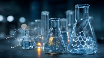 Scientific laboratory glassware containing liquid substances is illuminated with futuristic digital molecule structures overlay
