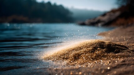 Golden sand sparkles on a tranquil shore by the calm water on a bright day