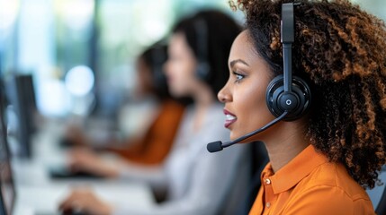 Busy telemarketing office environment with a team of focused customer service agents passionately engaging with customers over the phone  Efficient and productive workspace with computers headsets
