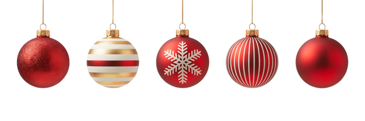 Five red christmas ornaments hanging isolated on transparent background for decoration