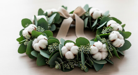 A wreath of cotton and eucalyptus, tied with a neutral ribbon, perfect for home decoration and adding a touch of rustic charm.