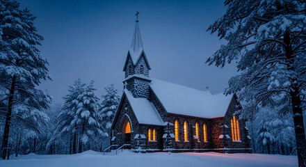 A snow-covered church stands serenely among the winter trees, with its windows glowing warmly in the cold evening. A peaceful scene.