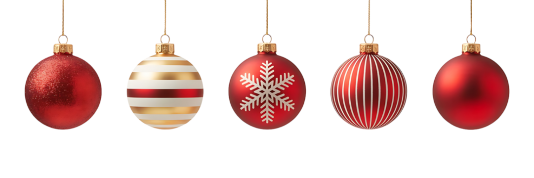 Five red christmas ornaments hanging isolated on transparent background for decoration