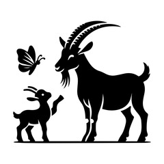 Goat Family Silhouette with Butterfly: A Charming Black and White Scene.