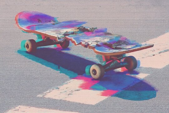 A skateboard rests on a textured ground surface exhibiting vivid digital color distortion and horizontal scan lines.