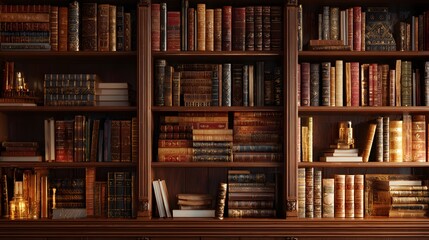 Numerous antique bound volumes fill multiple shelves of a substantial wooden bookcase