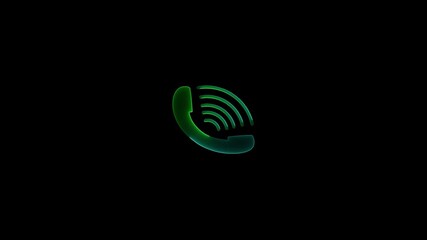 Abstract glowing green and blue telephone handset icon with sound waves emanating from it on a black background