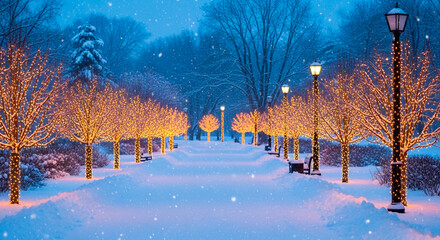 A snow-covered park path aglow with festive lights on trees and lampposts creating a peaceful winter scene during a gentle snowfall.