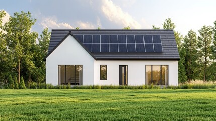 Obraz premium Modern energy efficient home with rooftop solar panels in a serene green rural landscape