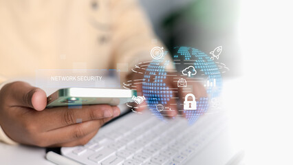 Network Security and Data Protection Concept with Smartphone and Digital Icons