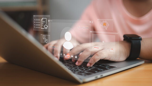 Artificial Intelligence and Online Learning Concept with Laptop and Virtual Interface - Powered by Adobe