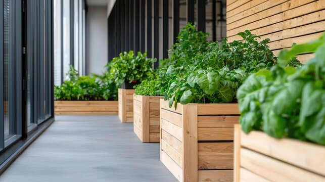 Vertical garden planters displayed on the exterior of an urban building showcasing a sustainable and eco friendly approach to small space gardening  The wooden planters are filled with lush greenery